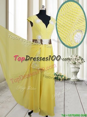 Suitable Cap Sleeves Floor Length Zipper Dress for Prom Yellow and In for Prom with Beading and Belt