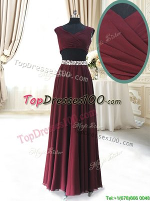 Flirting Burgundy Cap Sleeves Ankle Length Beading and Belt Zipper Prom Dresses