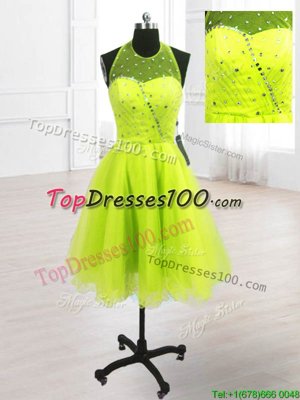 Yellow Green Organza Lace Up Cocktail Dress Sleeveless Knee Length Sequins