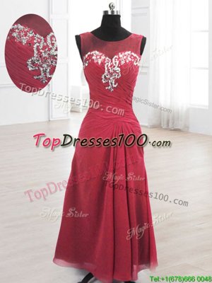 Stylish Scoop Wine Red A-line Beading and Ruching Prom Gown Lace Up Chiffon Sleeveless Floor Length