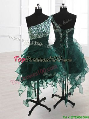 One Shoulder Sleeveless Party Dress Knee Length Beading and Ruffles Peacock Green Organza