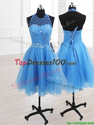 Sequins A-line Juniors Party Dress Baby Blue High-neck Organza Sleeveless Knee Length Lace Up
