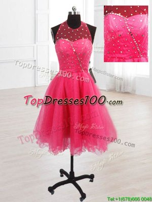 Hot Pink Organza Lace Up High-neck Sleeveless Knee Length Juniors Party Dress Sequins