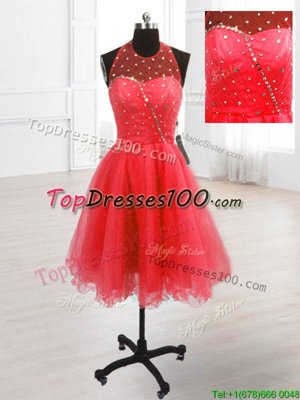 Coral Red A-line Sequins Party Dress for Toddlers Lace Up Organza Sleeveless Knee Length