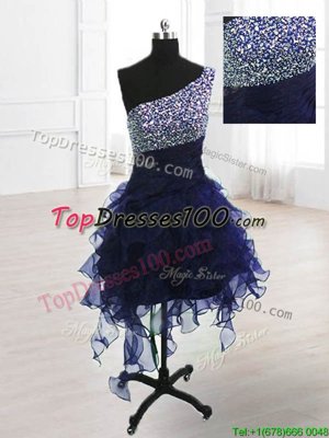 Captivating One Shoulder Navy Blue Lace Up Cocktail Dress Beading Sleeveless Knee Length