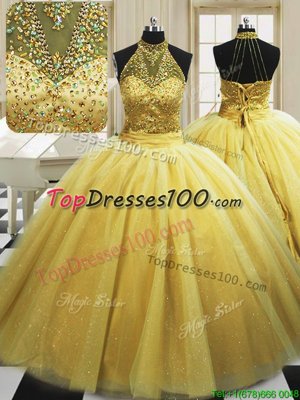 Romantic Yellow Ball Gowns Beading Quince Ball Gowns Lace Up Tulle Sleeveless With Train