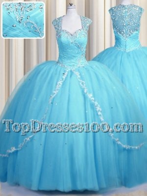 See Through With Train Baby Blue Quinceanera Gown Tulle Brush Train Cap Sleeves Beading and Appliques