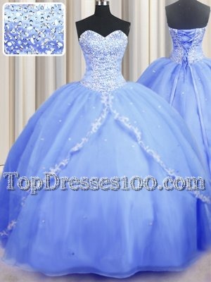 Customized Baby Blue Sleeveless Organza Brush Train Lace Up Quinceanera Gowns for Military Ball and Sweet 16 and Quinceanera