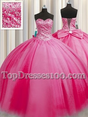 Affordable Big Puffy Rose Pink Ball Gowns Sweetheart Sleeveless Tulle Floor Length Lace Up Beading Vestidos de Quinceanera