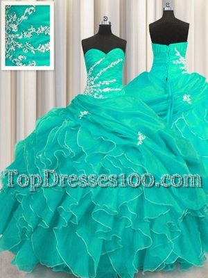Turquoise Ball Gowns Beading and Appliques and Ruffles Quinceanera Dresses Lace Up Organza Sleeveless Floor Length