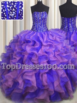 Dazzling Visible Boning Bling-bling Strapless Sleeveless Organza 15th Birthday Dress Beading and Ruffles Lace Up