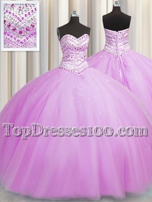 Enchanting Bling-bling Really Puffy Lilac Tulle Lace Up Sweetheart Sleeveless Floor Length Quince Ball Gowns Beading