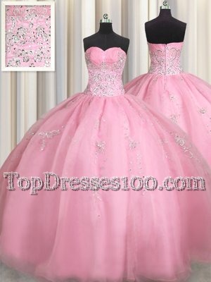 Flare Zipple Up See Through Back Royal Blue Organza Zipper Straps Sleeveless Floor Length Vestidos de Quinceanera Beading and Ruffles and Sequins and Pick Ups