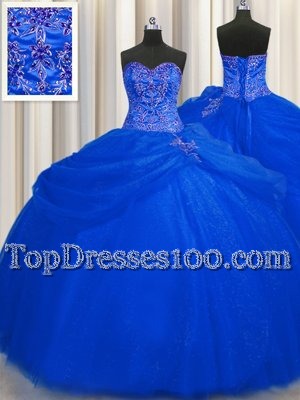 Attractive Big Puffy Royal Blue Ball Gowns Sweetheart Sleeveless Tulle Floor Length Lace Up Beading Sweet 16 Dress