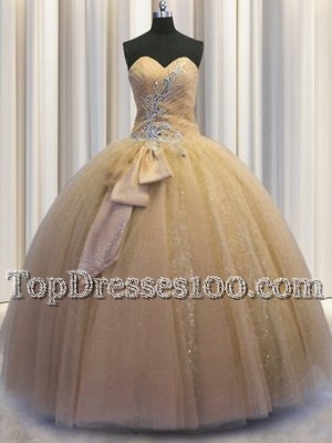 Sweetheart Sleeveless Quinceanera Gown Floor Length Beading and Bowknot Champagne Tulle and Sequined