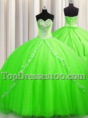 Latest Lace Up Sweetheart Beading Vestidos de Quinceanera Tulle Sleeveless Brush Train