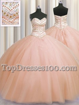 Glamorous Bling-bling Really Puffy Peach Sleeveless Beading Floor Length Quince Ball Gowns