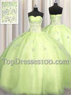 Dazzling See Through Zipper Up Light Blue Tulle Zipper V-neck Sleeveless With Train Ball Gown Prom Dress Brush Train Beading and Appliques