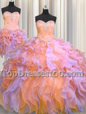 High Quality Three Piece Organza Sweetheart Sleeveless Lace Up Beading and Appliques and Ruffles 15th Birthday Dress in Multi-color