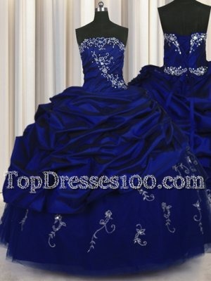 Glamorous Floor Length Lace Up 15 Quinceanera Dress Royal Blue and In for Military Ball and Sweet 16 and Quinceanera with Beading and Embroidery and Pick Ups