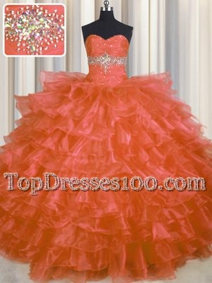 Orange Red Sleeveless Floor Length Beading and Ruffled Layers Lace Up Quinceanera Dress