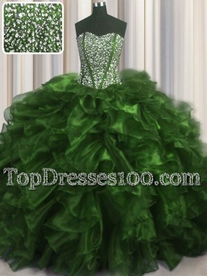 Visible Boning With Train Olive Green Quinceanera Dresses Organza Brush Train Sleeveless Beading and Ruffles