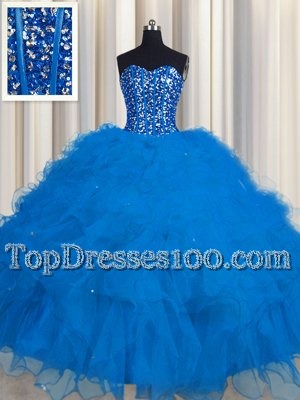 Fine Visible Boning Floor Length Ball Gowns Sleeveless Blue Sweet 16 Dress Lace Up