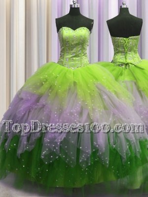 Visible Boning Multi-color Sweetheart Neckline Beading and Ruffles and Sequins Vestidos de Quinceanera Sleeveless Lace Up