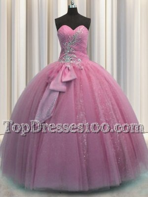 Rose Pink Lace Up 15th Birthday Dress Beading and Sequins and Bowknot Sleeveless Floor Length