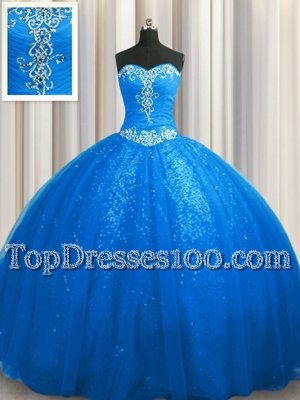 Blue Ball Gowns Sweetheart Sleeveless Tulle and Sequined With Train Court Train Lace Up Beading and Appliques Sweet 16 Dresses