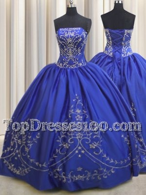 Sleeveless Chiffon Floor Length Lace Up 15th Birthday Dress in Royal Blue for with Beading and Embroidery