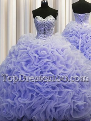 Custom Fit Rolling Flowers Brush Train Lavender Sweetheart Neckline Beading and Pick Ups Vestidos de Quinceanera Sleeveless Lace Up