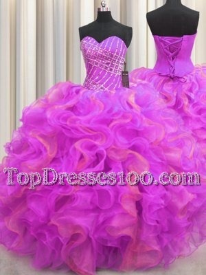 Three Piece Visible Boning Multi-color Sweetheart Lace Up Beading and Ruffles and Ruffled Layers and Sequins Quinceanera Dress Sleeveless