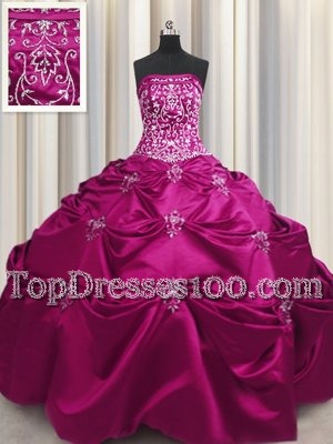 Fitting Embroidery Fuchsia Sleeveless Taffeta Lace Up Quince Ball Gowns for Military Ball and Sweet 16 and Quinceanera
