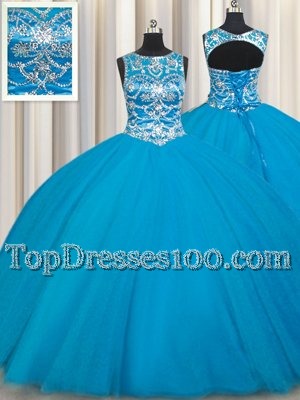 Glamorous Scoop Sleeveless Tulle Ball Gown Prom Dress Beading Lace Up