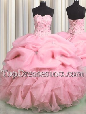 Visible Boning Sleeveless Floor Length Beading and Ruffles and Pick Ups Lace Up Sweet 16 Dresses with Rose Pink