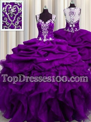 Custom Designed See Through Back Sleeveless Zipper Floor Length Beading and Ruffles and Sequins and Pick Ups 15 Quinceanera Dress