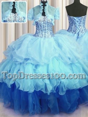 Captivating Strapless Sleeveless Organza Sweet 16 Dresses Appliques and Ruffles and Ruffled Layers Lace Up