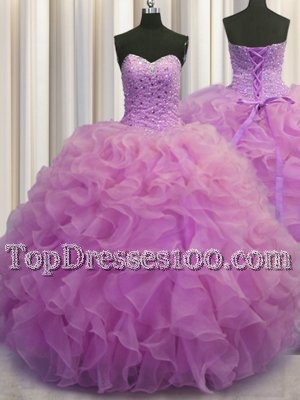 Visible Boning Beaded Bodice Floor Length Ball Gowns Sleeveless Fuchsia Quinceanera Dress Lace Up
