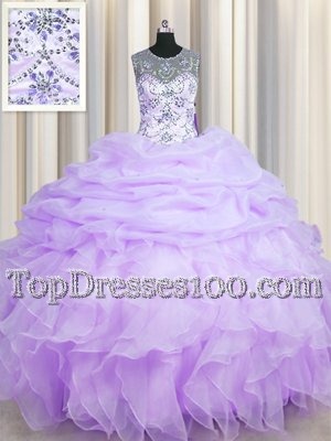 New Arrival Scoop See Through Lavender Organza Lace Up Sweet 16 Quinceanera Dress Sleeveless Floor Length Beading and Ruffles and Pick Ups