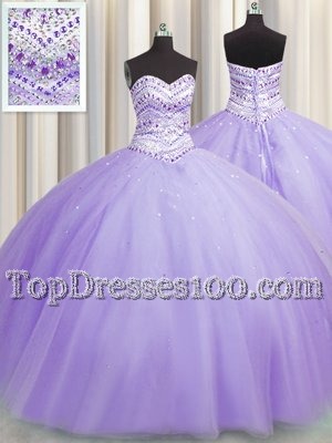 Bling-bling Puffy Skirt Lavender Sleeveless Tulle Lace Up Sweet 16 Dress for Military Ball and Sweet 16 and Quinceanera