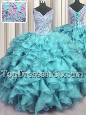 Ruffled Aqua Blue V-neck Lace Up Appliques and Ruffles 15th Birthday Dress Sleeveless