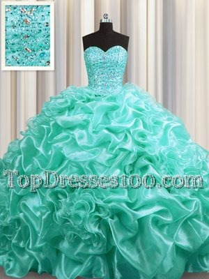 Romantic Organza Sweetheart Sleeveless Court Train Lace Up Beading and Pick Ups Ball Gown Prom Dress in Aqua Blue