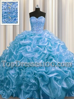 Court Train Baby Blue Sweetheart Neckline Beading and Pick Ups Sweet 16 Dresses Sleeveless Lace Up