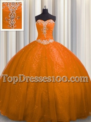 Glamorous Sequined Rust Red Sleeveless Court Train Beading and Appliques With Train Vestidos de Quinceanera