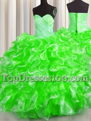 Visible Boning Beaded Bodice Sweetheart Sleeveless Organza Quinceanera Dress Beading and Ruffles Lace Up