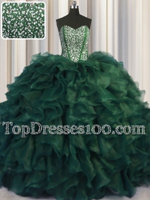 Bling-bling Sweetheart Sleeveless Organza Vestidos de Quinceanera Beading and Ruffles Brush Train Lace Up
