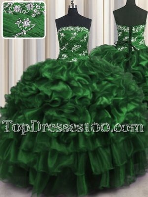 Fantastic Organza Strapless Sleeveless Lace Up Appliques and Ruffles and Ruffled Layers Quince Ball Gowns in Dark Green
