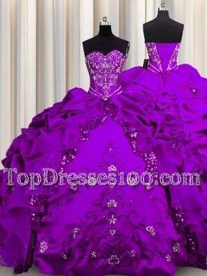 Luxury Sequins Taffeta Sleeveless Floor Length Vestidos de Quinceanera and Beading and Embroidery and Ruffles