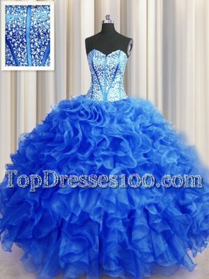 Sweet Visible Boning Beaded Bodice Royal Blue Lace Up Sweetheart Beading and Ruffles Quinceanera Gowns Organza Sleeveless